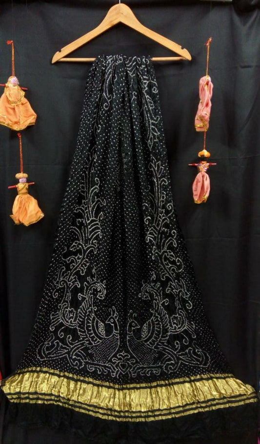 Peacock Design Beautiful Bandhani Dupatta In Pure Gajji Silk- Black