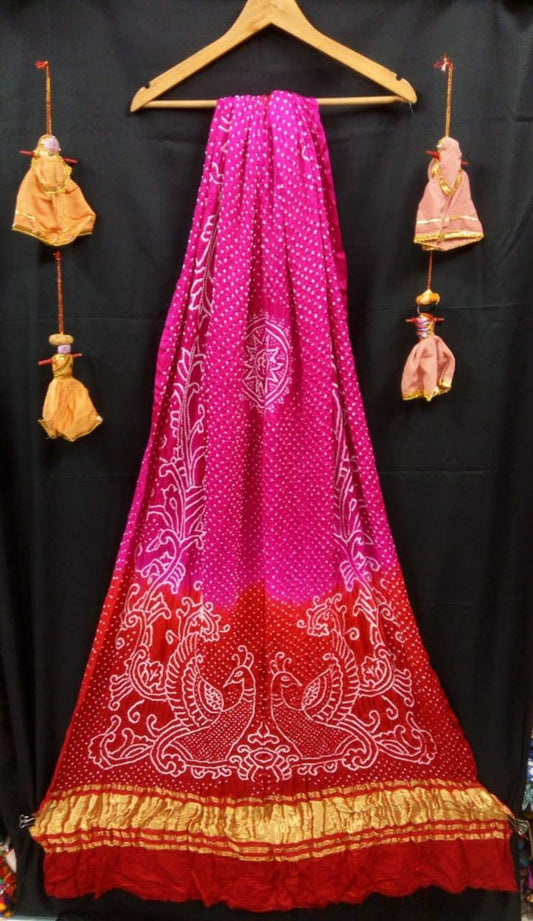 Peacock Design Beautiful Bandhani Dupatta In Pure Gajji Silk - Pink n Red