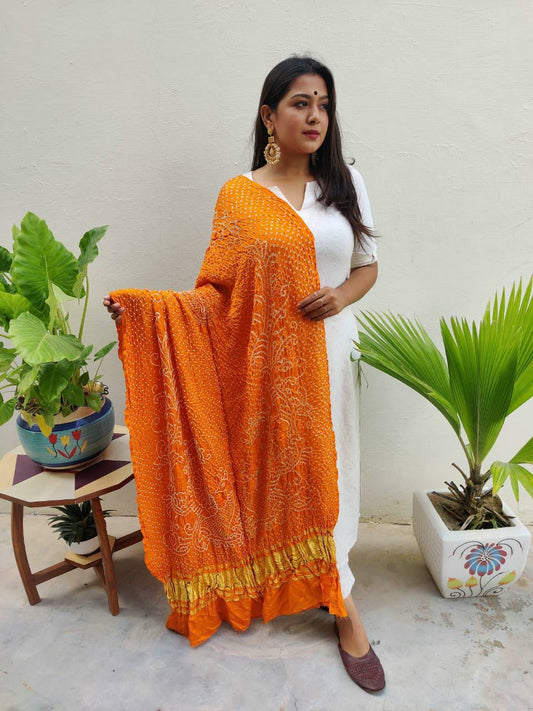 Peacock Design Beautiful Bandhani Dupatta In Pure Gajji Silk- Mustard