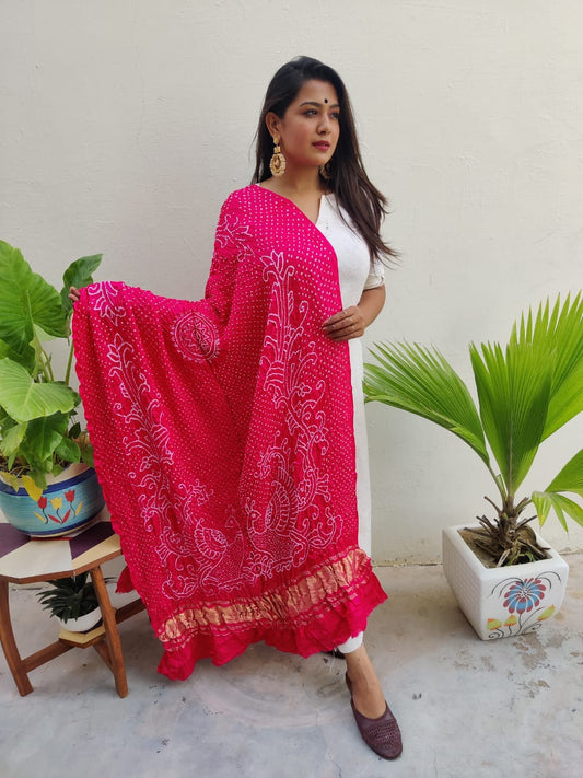 Peacock Design Beautiful Bandhani Dupatta In Pure Gajji Silk- Rani Pink