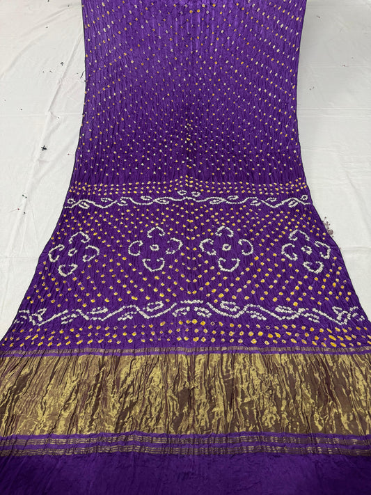 Single dot white n yellow bandhani saree including blouse- Purple