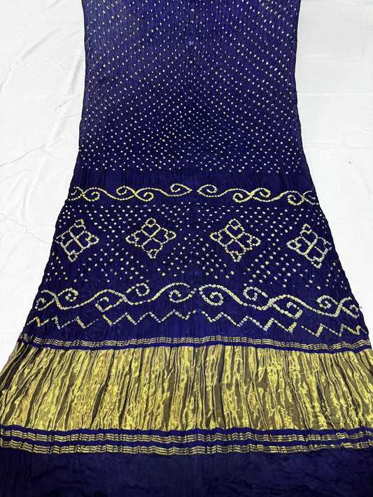 Single dot white n yellow bandhani saree including blouse- Blue